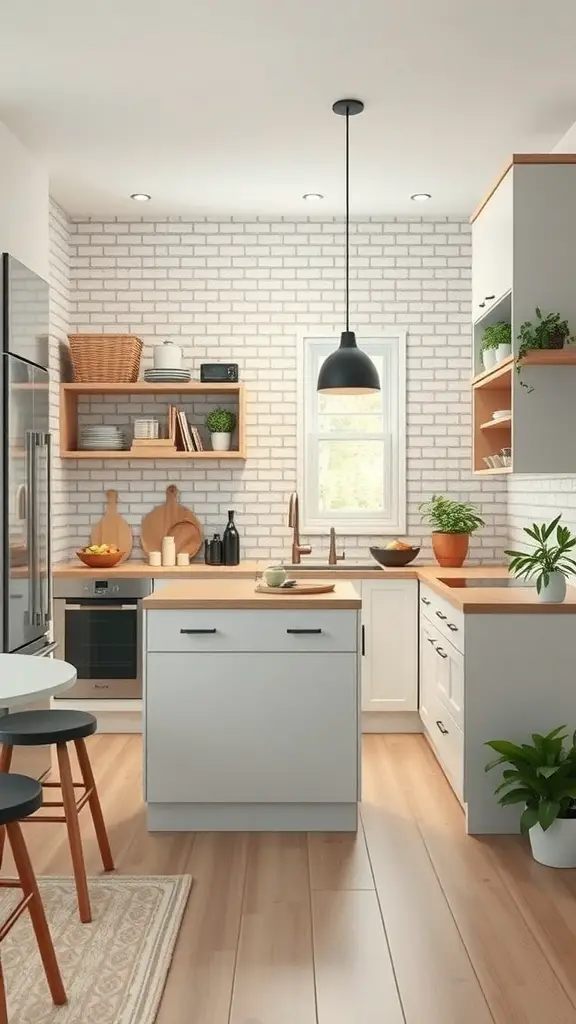 A small kitchen with an island, featuring open shelving, plants, and a light color scheme.