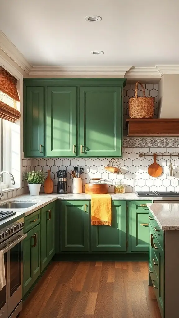 A kitchen featuring green cabinets and a stylish accent wall.