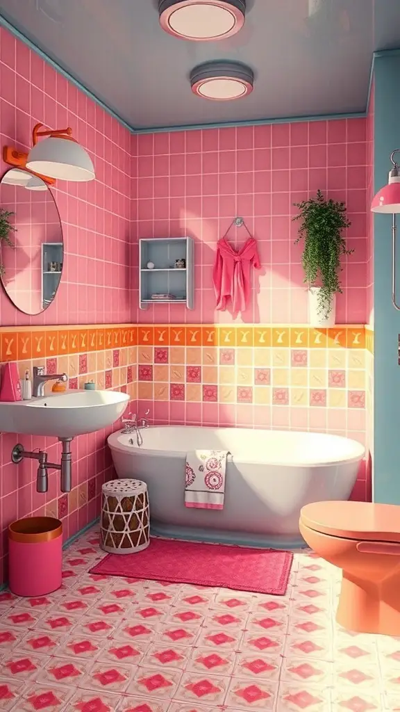 A retro 70s inspired bathroom with pink and orange tiles, a bathtub, and stylish decor.