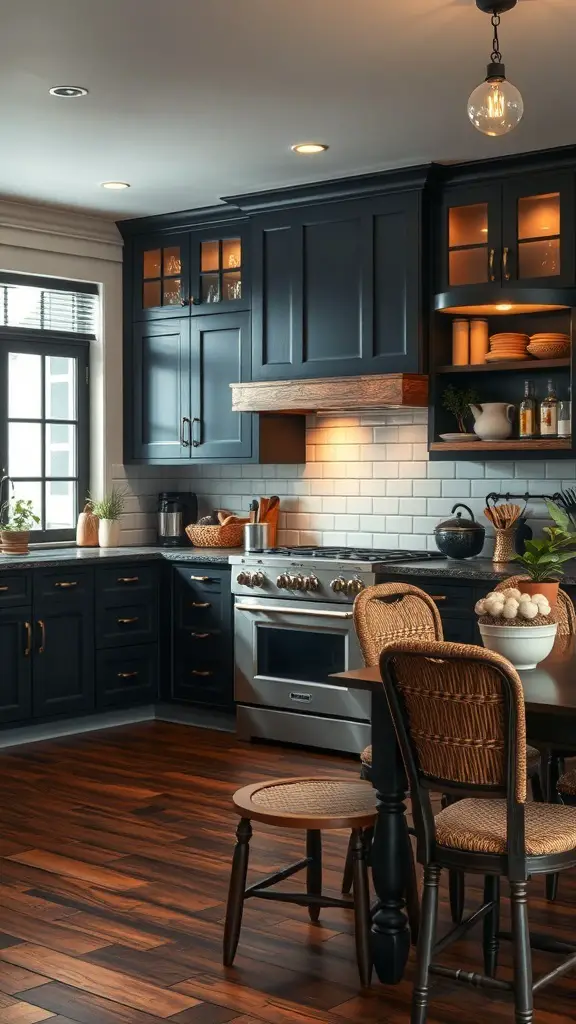 Cozy rustic kitchen with black cabinets and warm wood flooring