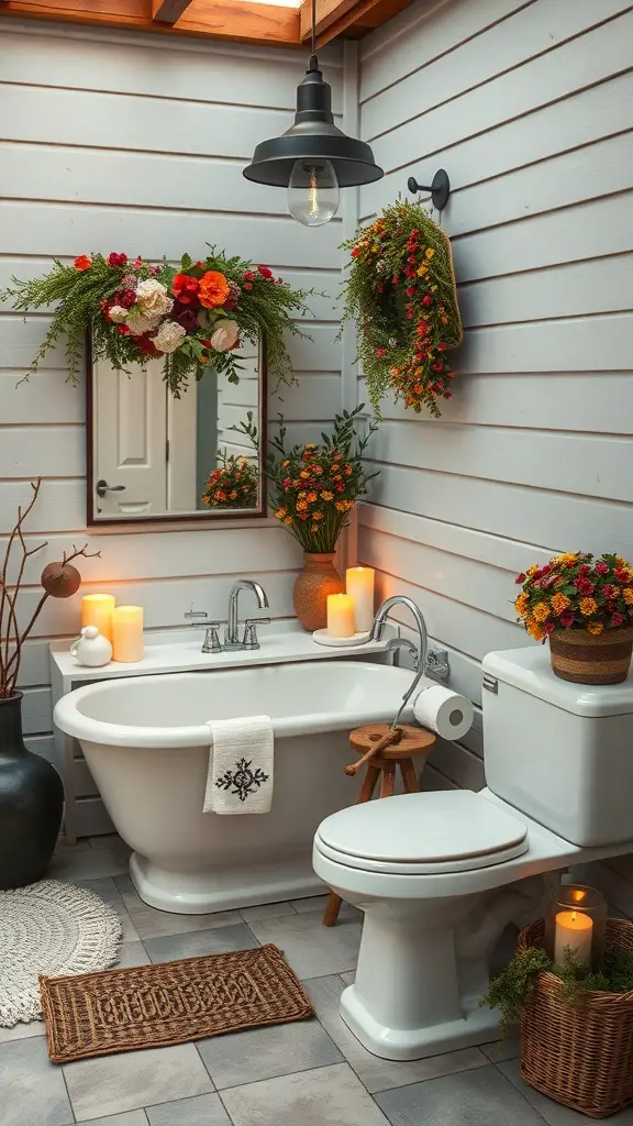 A semi-outdoor bathroom decorated with flowers, candles, and a cozy rug.
