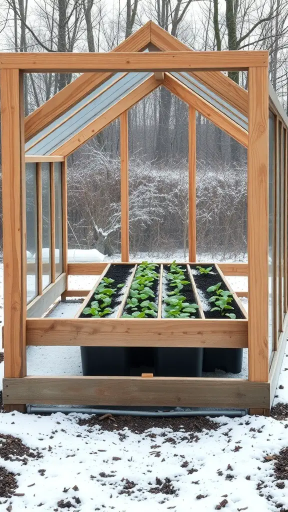 29+ Creative DIY Greenhouse Ideas for Your Garden 6 A wooden cold frame greenhouse with young plants growing inside, set against a snowy background.
