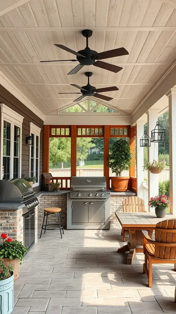 A covered porch featuring a barbecue and grilling station with seating and decorative plants.