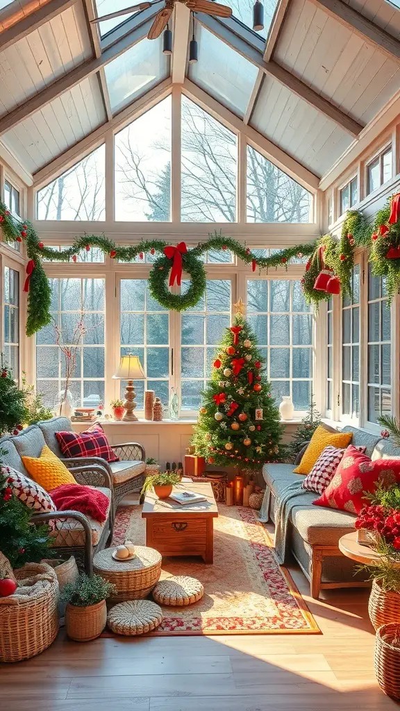 27+ Enclosed Sunroom Ideas to Brighten Your Home 12 Cozy sunroom decorated for the holidays with a Christmas tree, wreaths, and festive pillows.