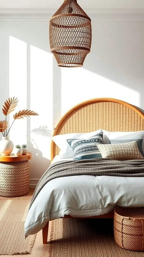 23+ Creative DIY Headboard Ideas to Transform Your Bedroom 7 A stylish bedroom featuring a woven rattan headboard, light bedding, and natural decor elements.