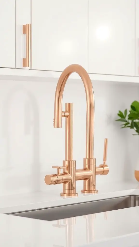 A stylish rose gold kitchen faucet against a white background