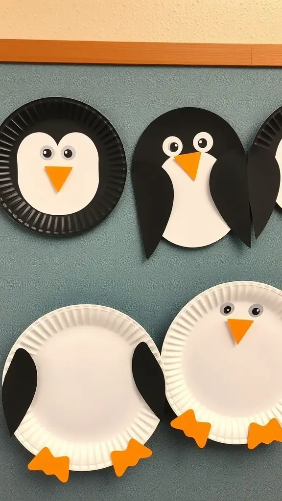 27+ Creative Winter Crafts Preschoolers Ideas 3 Colorful paper plate penguins displayed on a wall.
