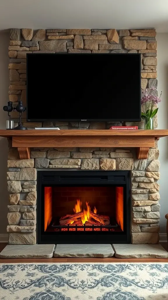29+ Stunning Electric Fireplace Ideas to Complement Your TV 13 A cozy living room featuring a rustic stone fireplace with an electric insert, a mounted TV above, and a wooden mantel.