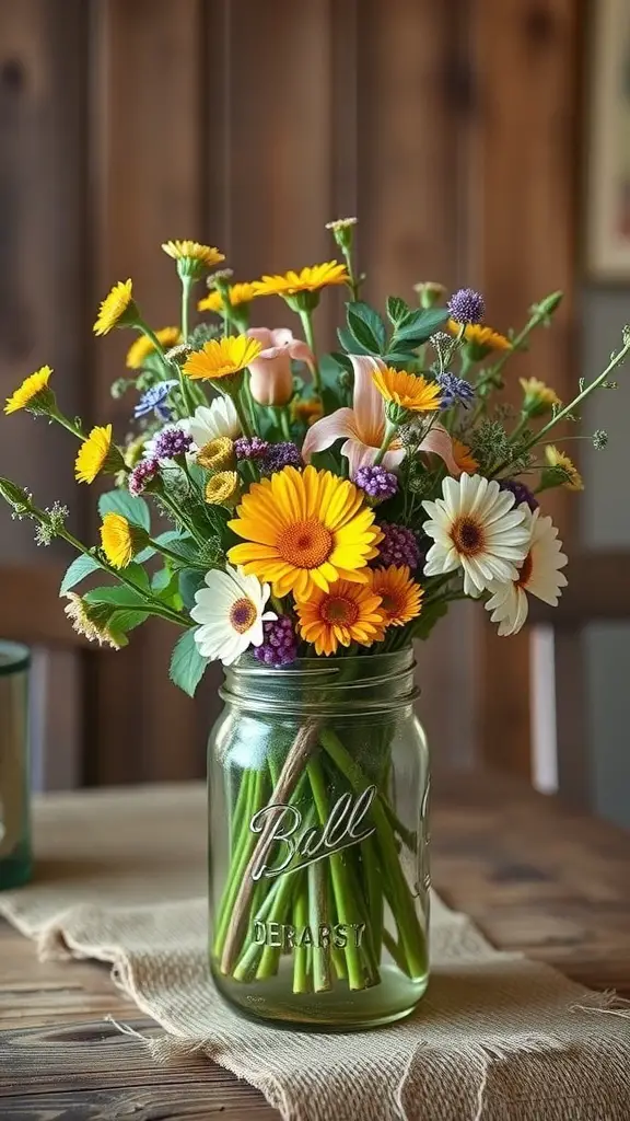 A rustic wildflower arrangement in a mason jar with colorful flowers on a burlap runner.