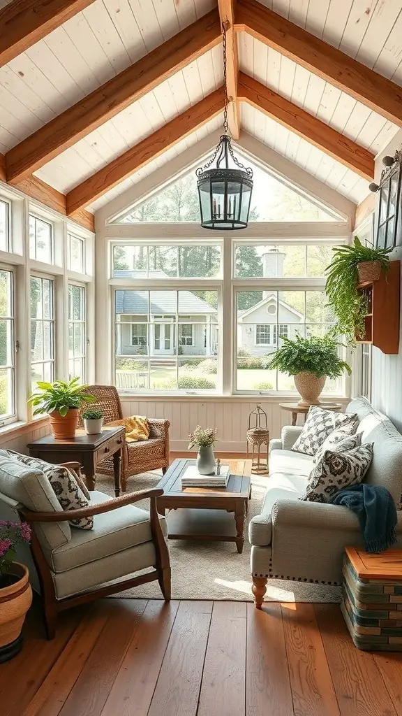 29+ Creative Sunroom Decorating Ideas You’ll Love 8 A cozy sunroom with rustic farmhouse decor, featuring wooden beams, comfortable seating, and plants.