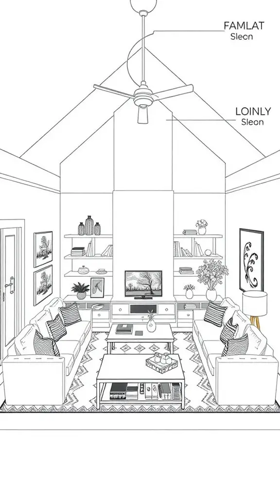 29+ Stunning Family Room Addition Ideas for Your Home 8 A layout design for a family room featuring two sofas, a coffee table, and shelves.