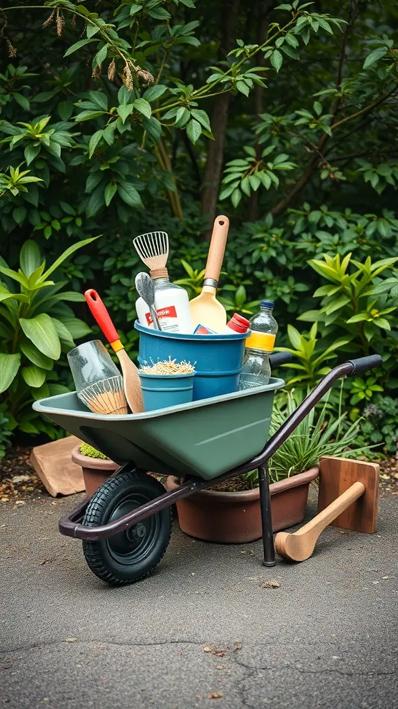 A wheelbarrow filled with gardening tools and supplies, surrounded by greenery.