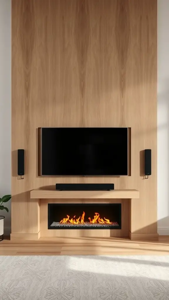 Modern mantle decor featuring a TV, soundbar, and electric fireplace