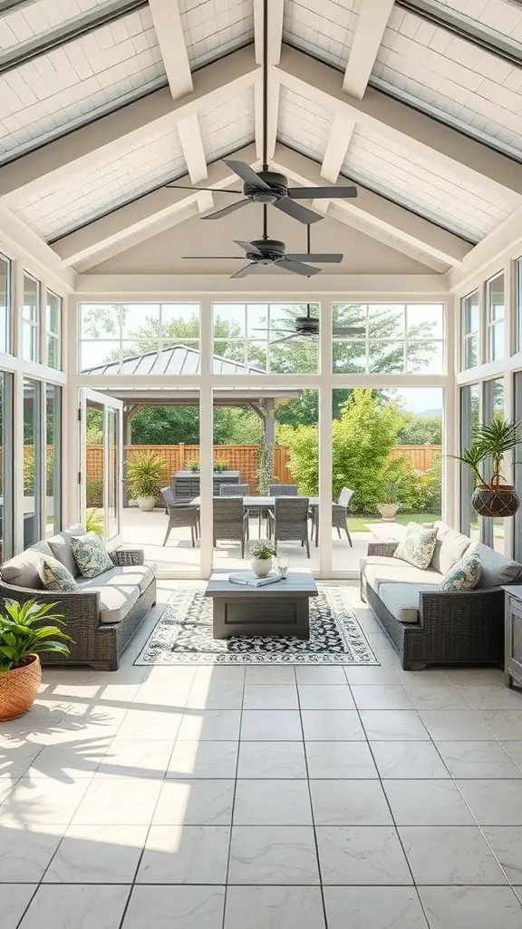 29+ Stunning Sunroom Addition Ideas Off Your Kitchen 3 A bright and airy sunroom with large windows, comfortable seating, and a view of the patio.