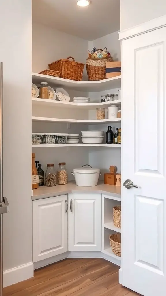 A corner pantry with white shelves, baskets, and jars, showcasing organized storage.