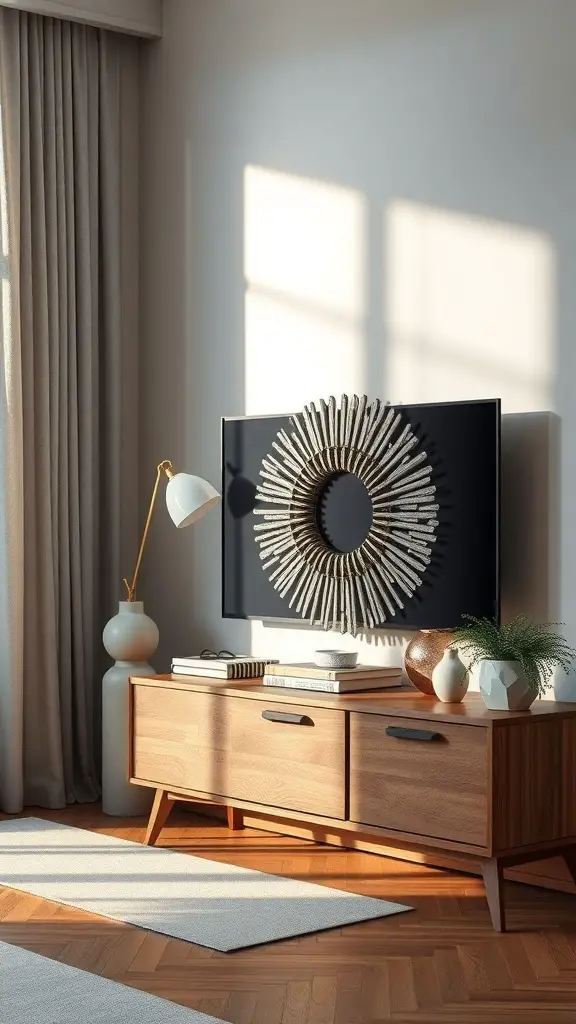 27+ Creative TV Stand Decor Ideas 14 A stylish TV stand with a sunburst mirror, decorative vases, and a lamp, creating a warm and inviting living space.