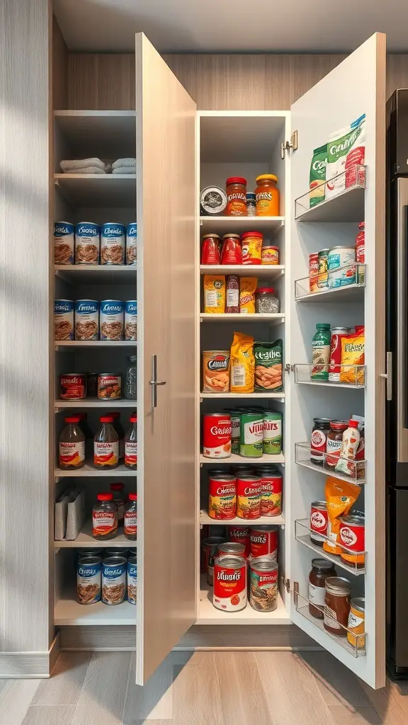Modern kitchen pantry with pull-out cabinets showcasing organized food items