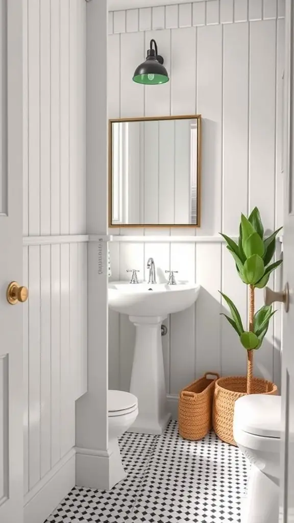 A stylish bathroom featuring board and batten walls, a round mirror, and a potted plant.