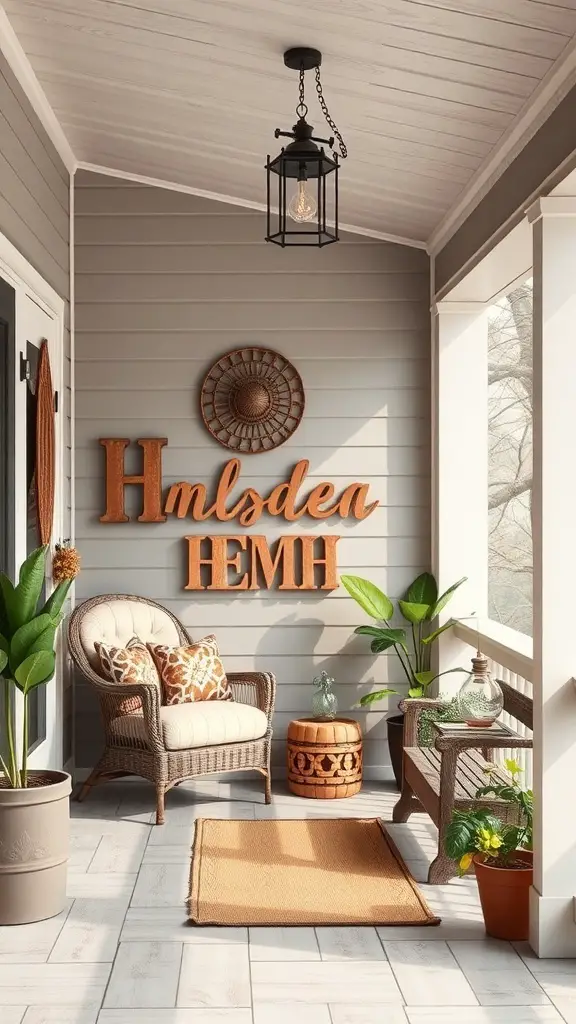 23+ Inspiring Three Season Porch Ideas to Transform Your Space 5 A cozy three-season porch featuring artistic wall decor, wooden letters, and potted plants.