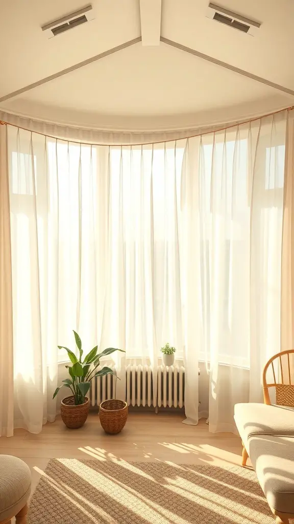 29+ Stunning Sunroom Curtain Ideas to Brighten Your Space 13 A sunroom with translucent curtains allowing soft light to filter in, featuring plants and a cozy seating area.