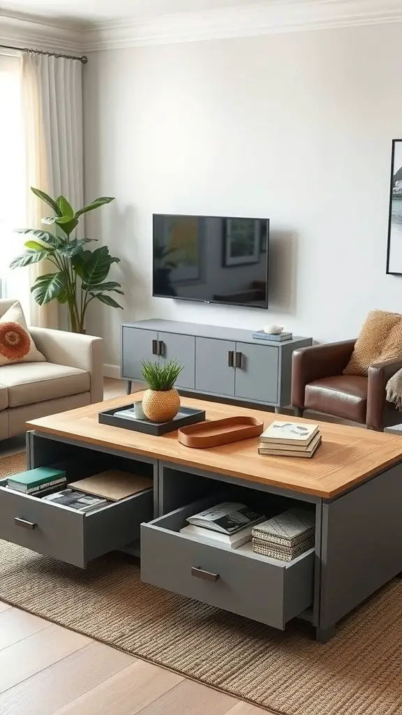 27+ Stunning DIY Coffee Table Ideas You Can Create at Home 3 A modern coffee table with hidden storage drawers, featuring a wooden top and gray base, set in a cozy living room.
