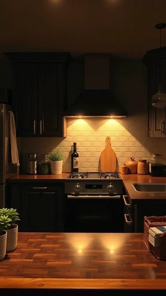 A dark kitchen with warm lighting, featuring wooden accents and plants.