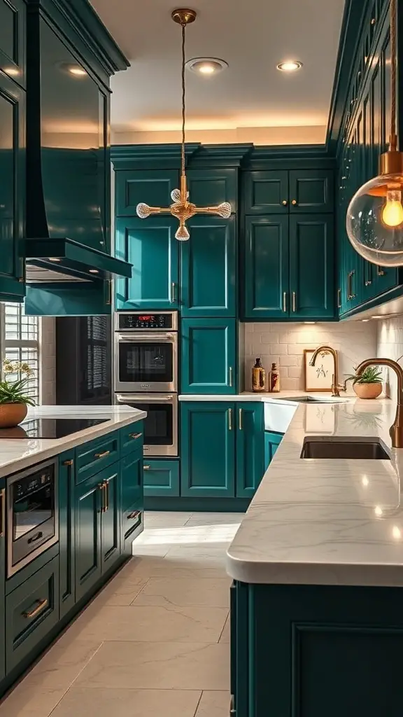 A modern kitchen featuring glossy forest green cabinets, white countertops, and gold accents.