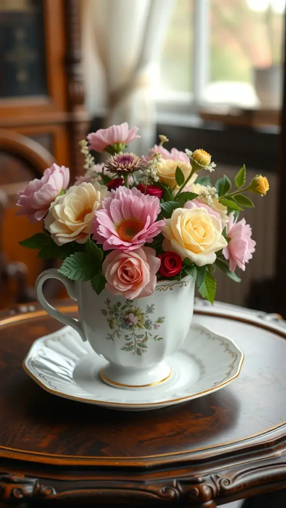 A vintage tea cup filled with colorful flowers on a wooden table.