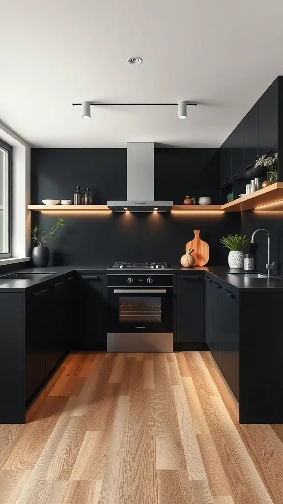 A modern kitchen featuring black cabinets, wood flooring, and stylish appliances.