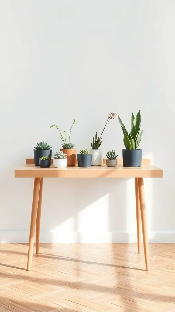 A modern minimalist potting table with a white surface and black legs, surrounded by various potted plants.