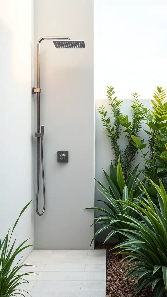 23+ Creative Garden Shower Ideas 8 A modern minimalist outdoor shower surrounded by greenery.