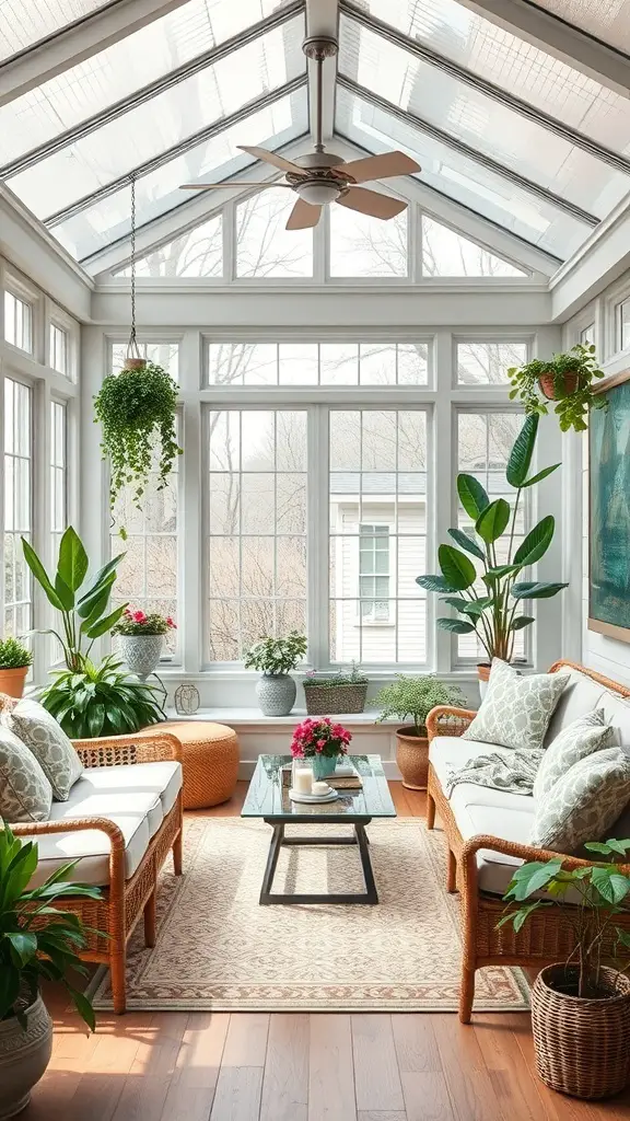29+ Stunning Sunroom Addition Ideas Off Your Kitchen 4 A bright and inviting sunroom featuring comfortable wicker furniture, plants, and a glass coffee table.