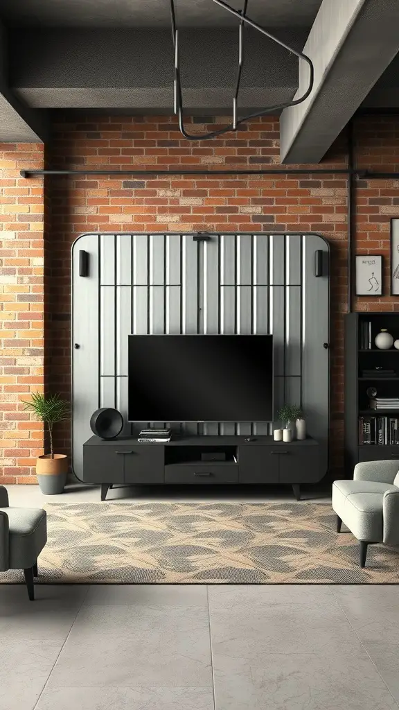 25+ Creative TV Wall Paneling Ideas for a Stylish Living Room 14 A modern living room featuring a TV wall panel made of corrugated metal against a brick wall, with a dark media console and a potted plant.