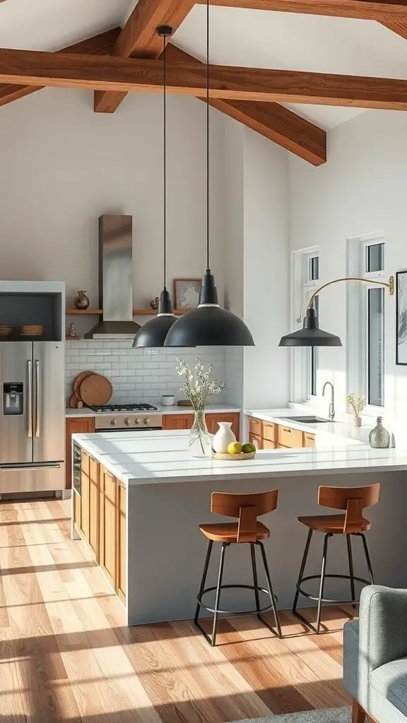 A modern open concept small kitchen with an island, featuring wood accents and bright natural light.