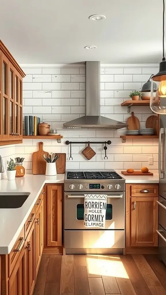 A cozy kitchen featuring whitewashed shiplap backsplash, wooden cabinets, and open shelving.