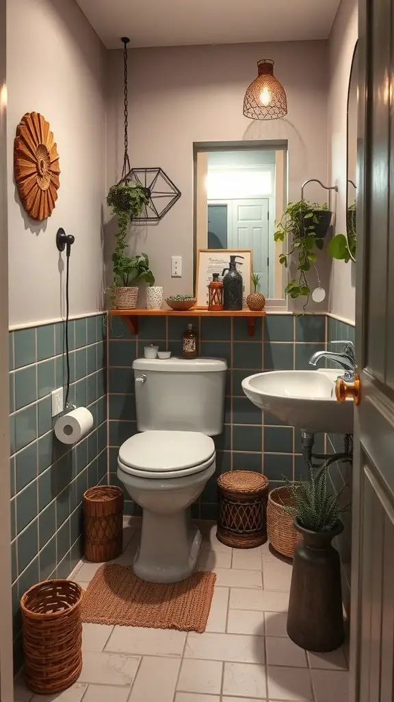 A small funky bathroom featuring upcycled decor with plants, wooden shelves, and vintage baskets.