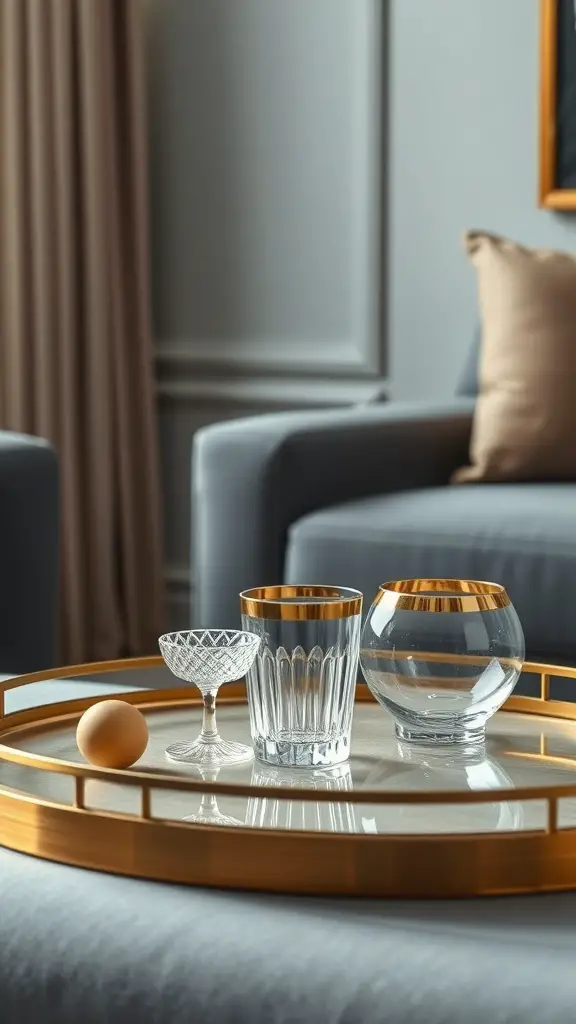 A coffee table tray featuring glassware and gold accents, showcasing a sophisticated decor style.