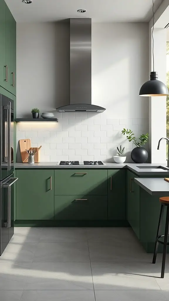 Modern kitchen featuring matte green cabinets with stainless steel appliances and natural light.