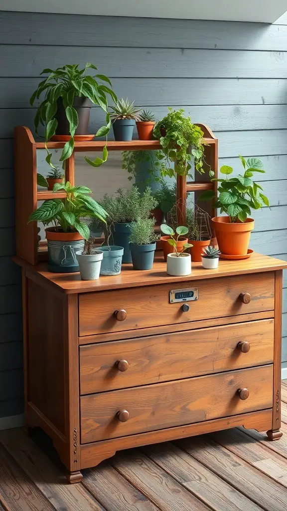 29+ Creative DIY Greenhouse Table Ideas for Your Garden 4 A wooden dresser repurposed as a plant stand in a greenhouse, featuring various potted plants.