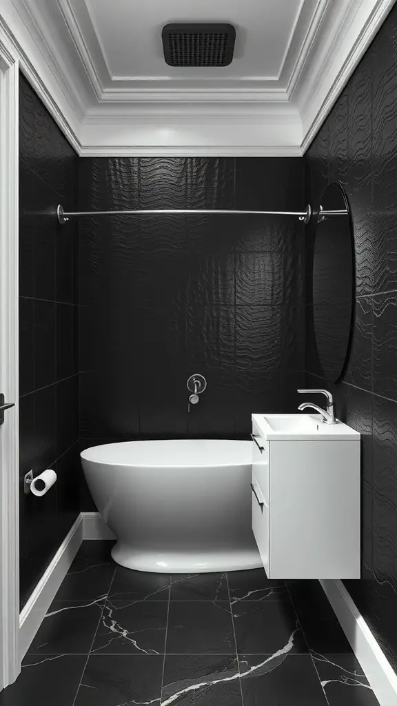 23+ Stunning Black and White Bathroom Ideas You'll Love 9 A modern bathroom featuring textured black walls, white trim, a freestanding bathtub, and a sleek sink.