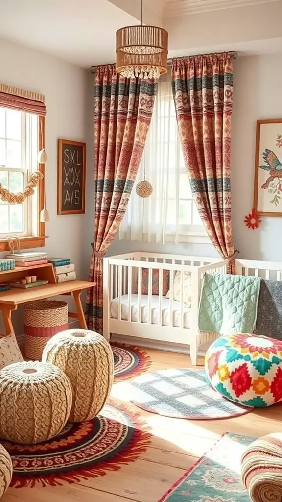 A colorful nursery featuring patterned curtains, knitted poufs, and vibrant rugs.