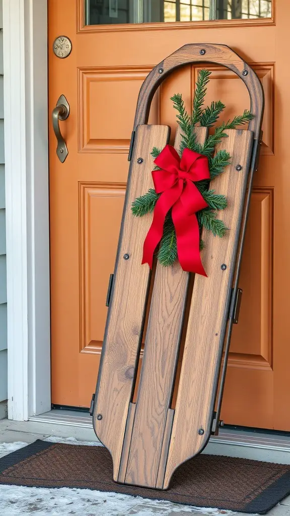 25+ Unique Winter Door Decorations to Brighten Your Home 8 A vintage sled decorated with greenery and a red bow, leaning against a bright orange door.