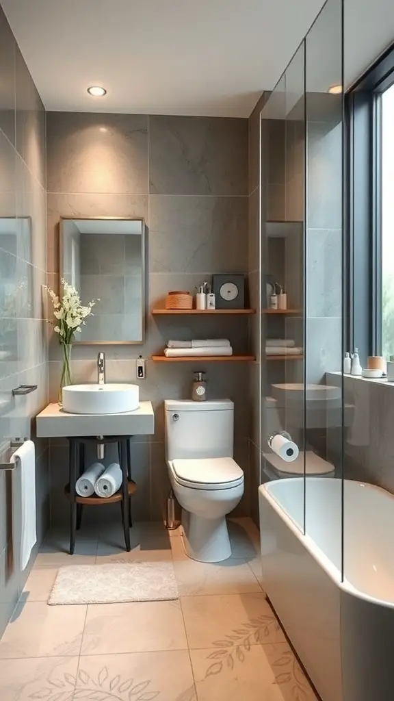 29+ Stunning Bathroom Interior Design Ideas for a Chic Retreat 11 Modern bathroom interior with a sleek design featuring a floating sink, large mirror, and natural light.