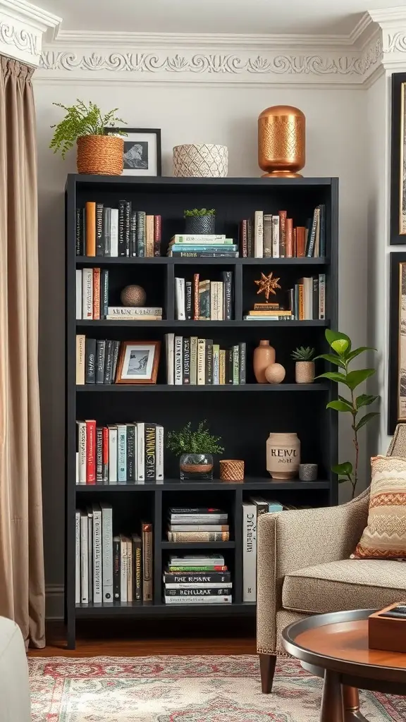 A stylish corner bookshelf filled with books and decorative items in a cozy living room setting.