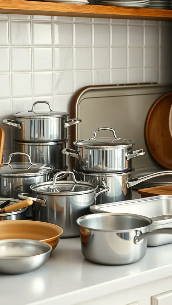 A collection of various cookware including stainless steel pots, non-stick frying pans, and baking dishes arranged on a kitchen countertop.
