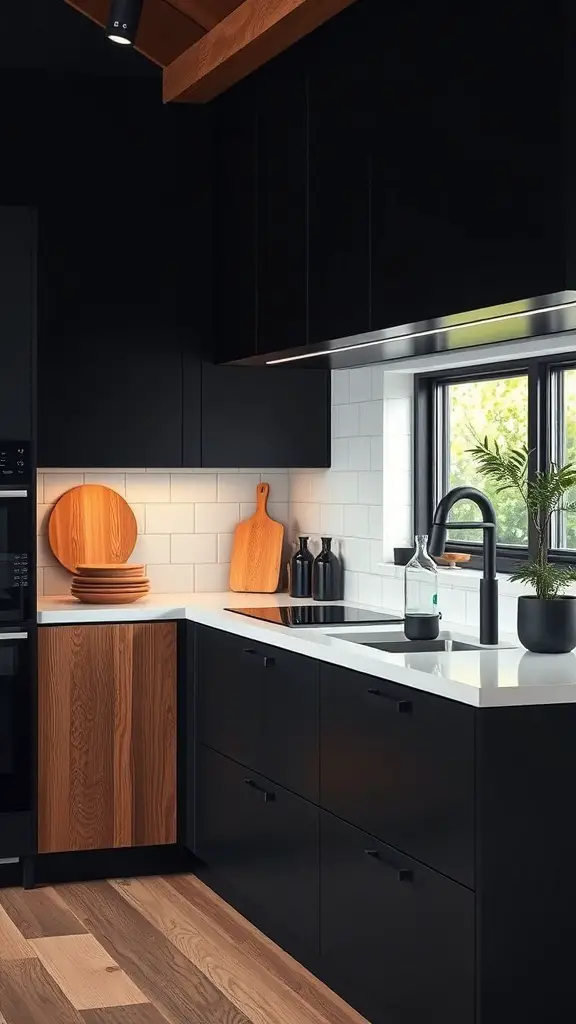 Modern kitchen featuring black cabinets and wooden accents