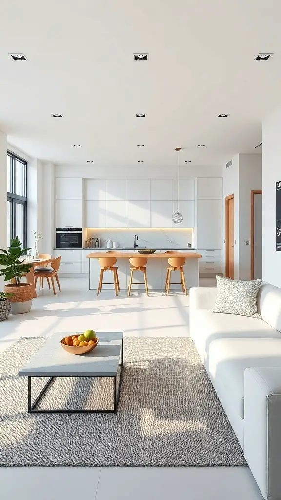 Modern open kitchen and living room with minimalist design