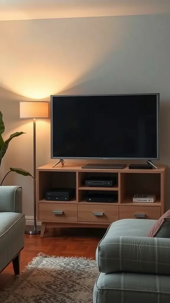 A cozy living room featuring a stylish lamp beside a TV stand, creating warm mood lighting.