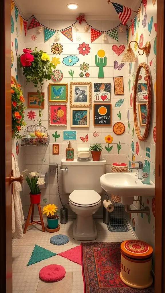 A colorful and creatively decorated restroom with floral patterns, framed art, and vibrant accessories.