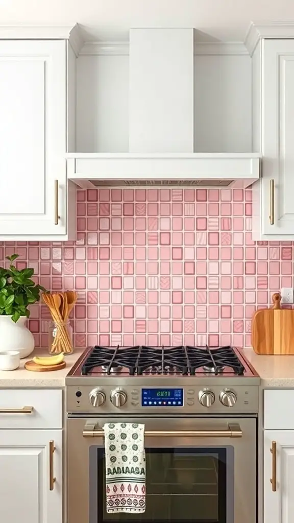 A modern kitchen featuring pink backsplash tiles, white cabinets, and stainless steel appliances.